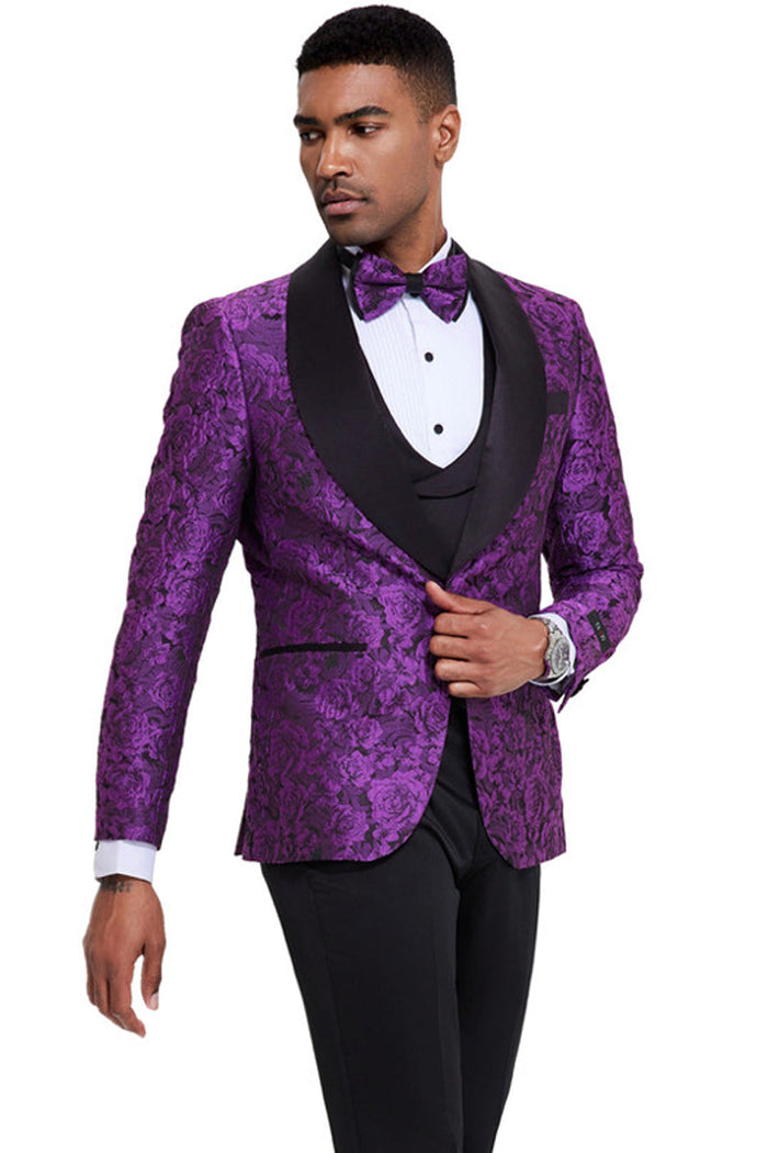 Men's Slim Fit Shiny Purple Paisley Tuxedo | Tazzio Suits