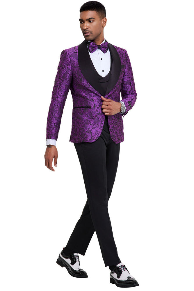 Men's Slim Fit Shiny Purple Paisley Tuxedo | Tazzio Suits