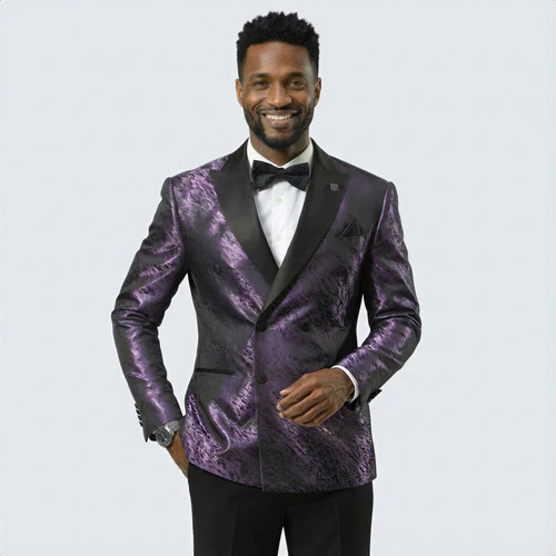 Purple Jacquard Tuxedo Jacket – Double-Breasted with Black Satin Lapel