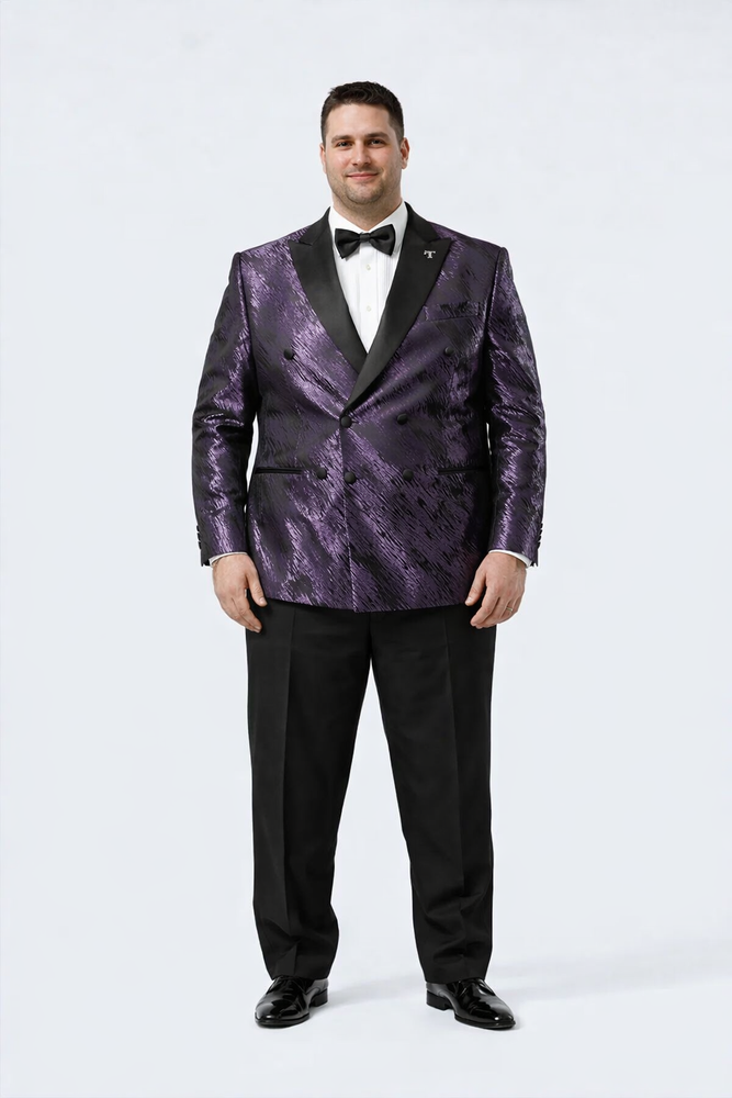 Purple Jacquard Tuxedo Jacket – Double-Breasted with Black Satin Lapel