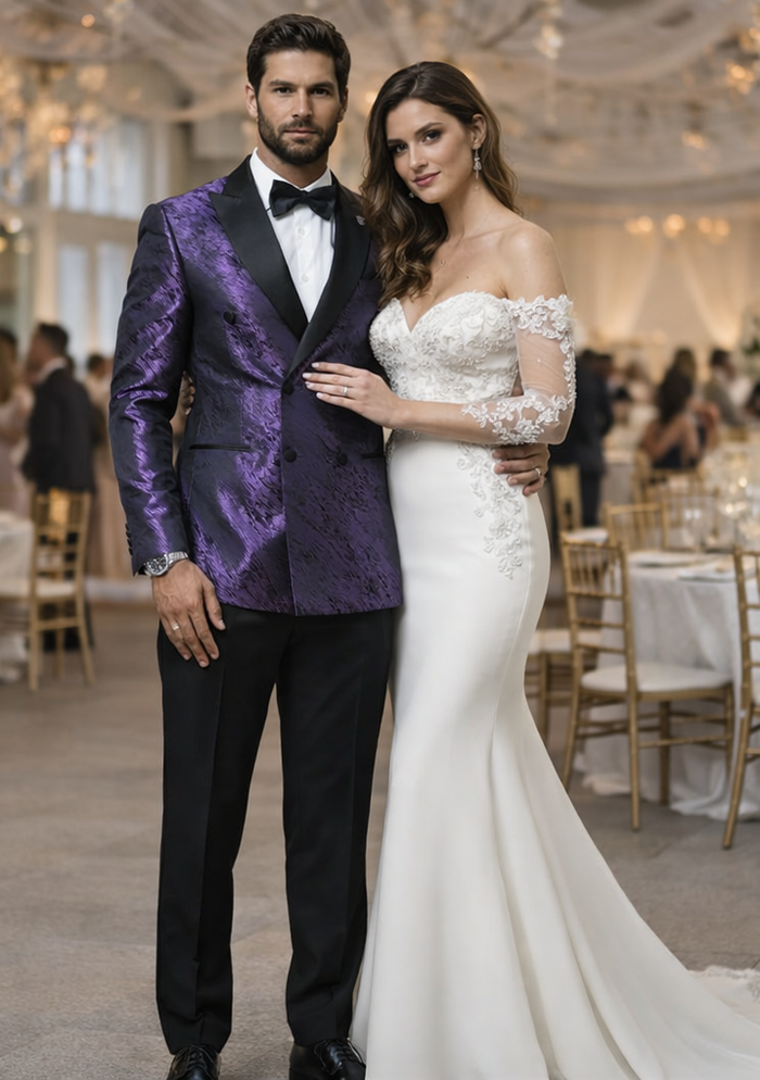 Purple Jacquard Tuxedo Jacket – Double-Breasted with Black Satin Lapel