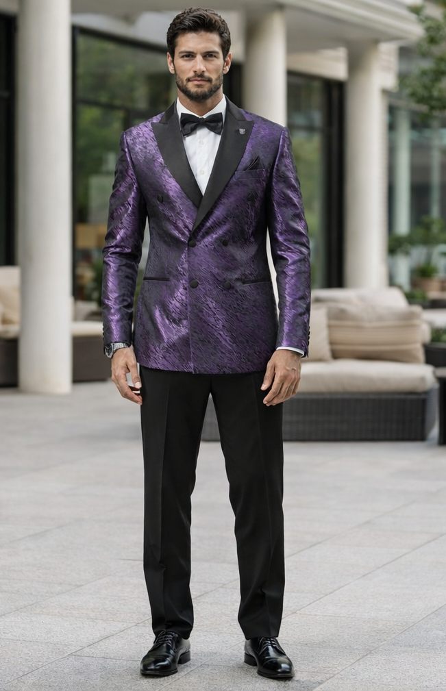 Purple Jacquard Tuxedo Jacket – Double-Breasted with Black Satin Lapel
