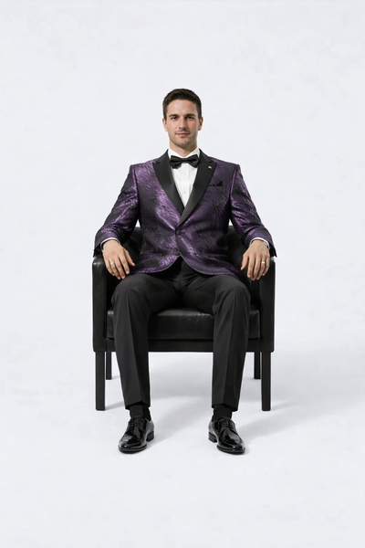 Purple Jacquard Tuxedo Jacket – Double-Breasted with Black Satin Lapel