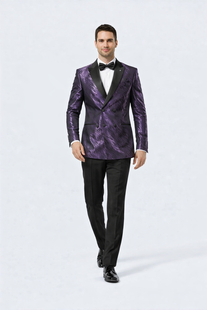 Purple Jacquard Tuxedo Jacket – Double-Breasted with Black Satin Lapel