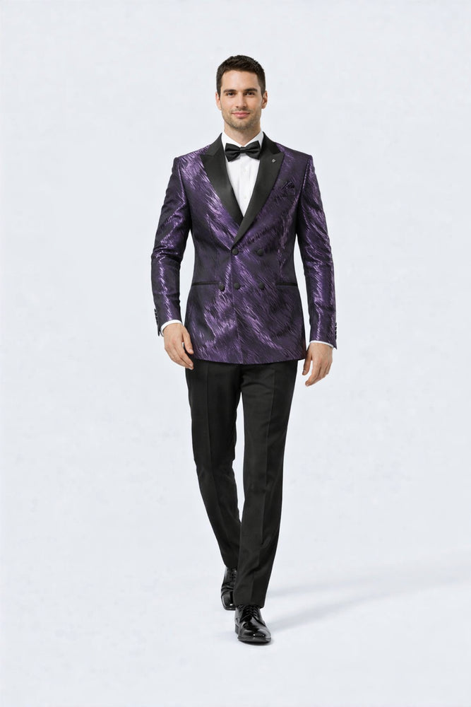 Purple Jacquard Tuxedo Jacket – Double-Breasted with Black Satin Lapel