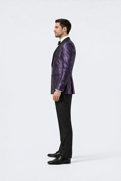 Purple Jacquard Tuxedo Jacket – Double-Breasted with Black Satin Lapel