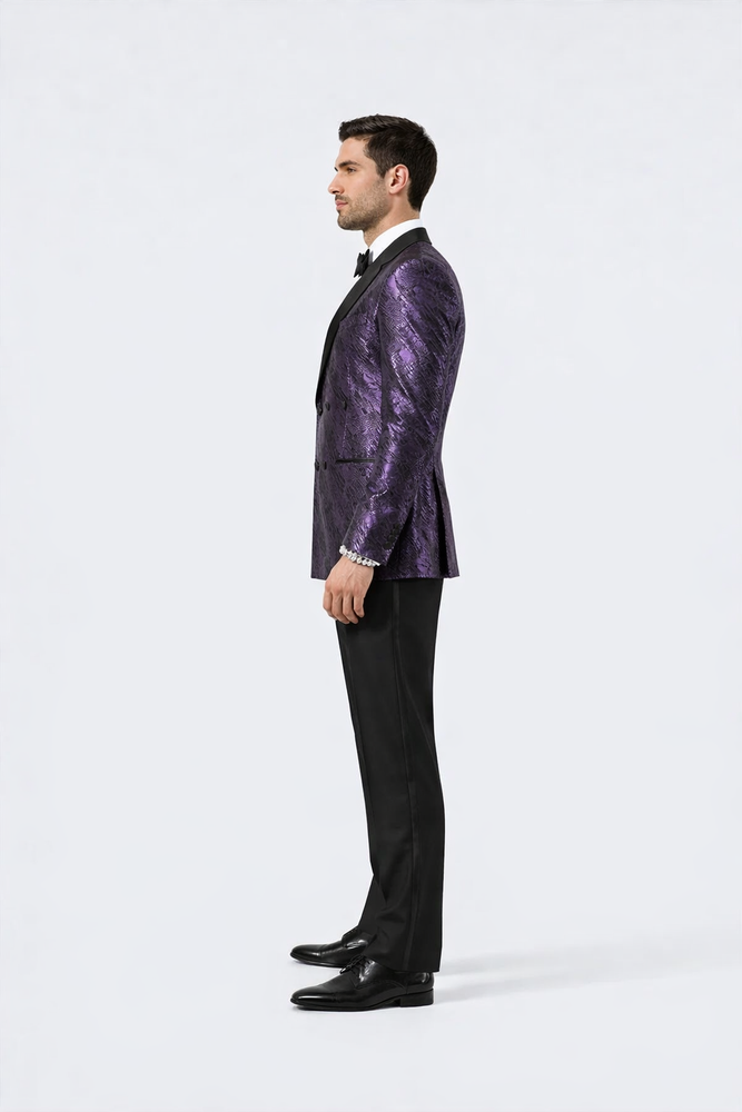 Purple Jacquard Tuxedo Jacket – Double-Breasted with Black Satin Lapel
