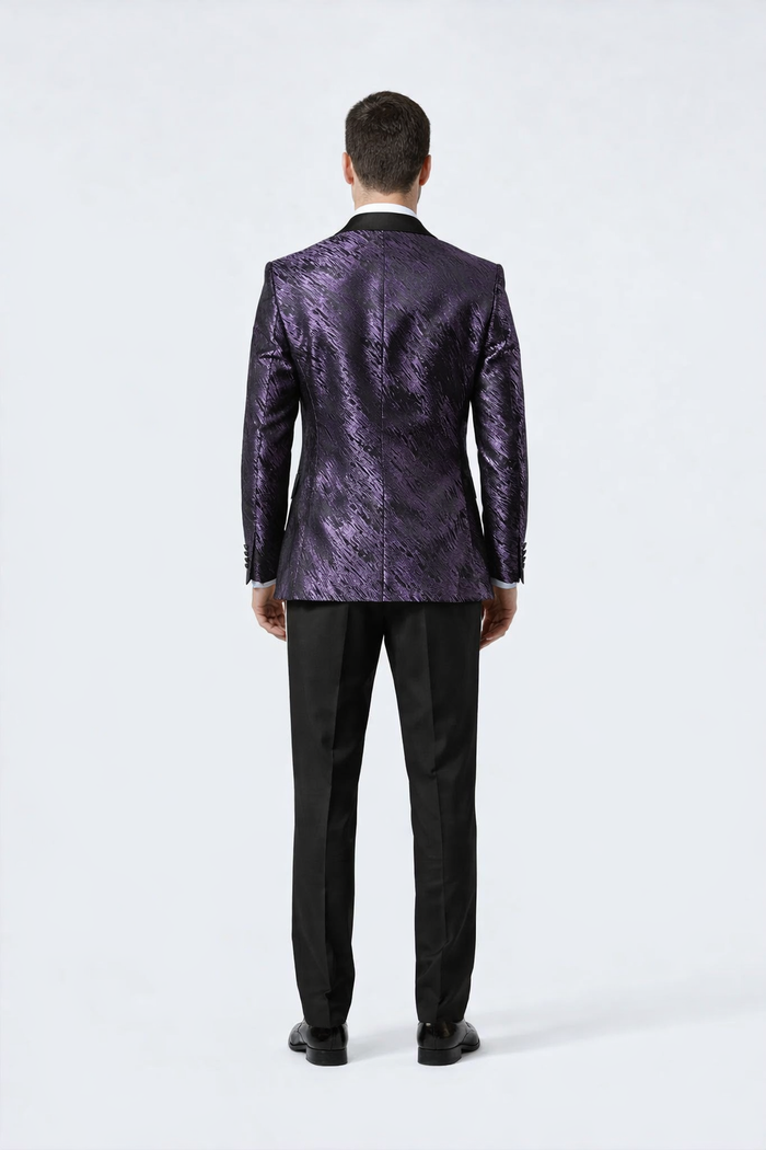 Purple Jacquard Tuxedo Jacket – Double-Breasted with Black Satin Lapel