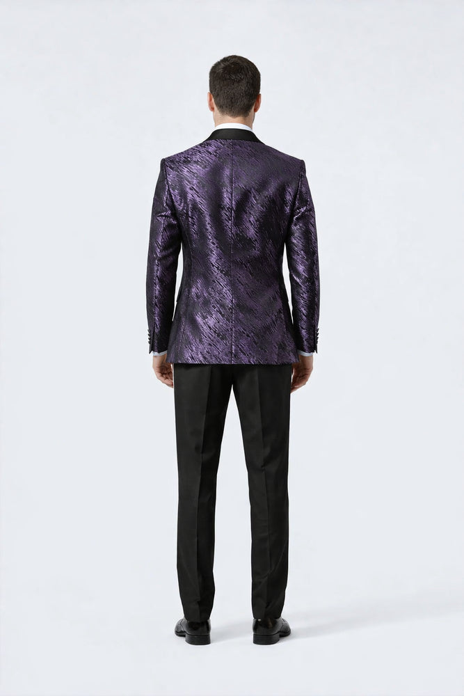 Purple Jacquard Tuxedo Jacket – Double-Breasted with Black Satin Lapel