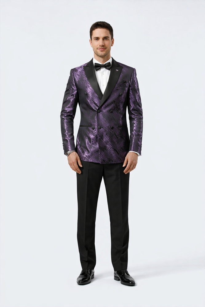 Purple Jacquard Tuxedo Jacket – Double-Breasted with Black Satin Lapel