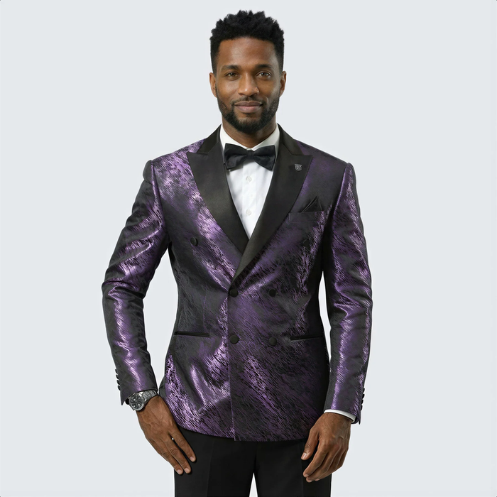 Purple Jacquard Tuxedo Jacket – Double-Breasted with Black Satin Lapel