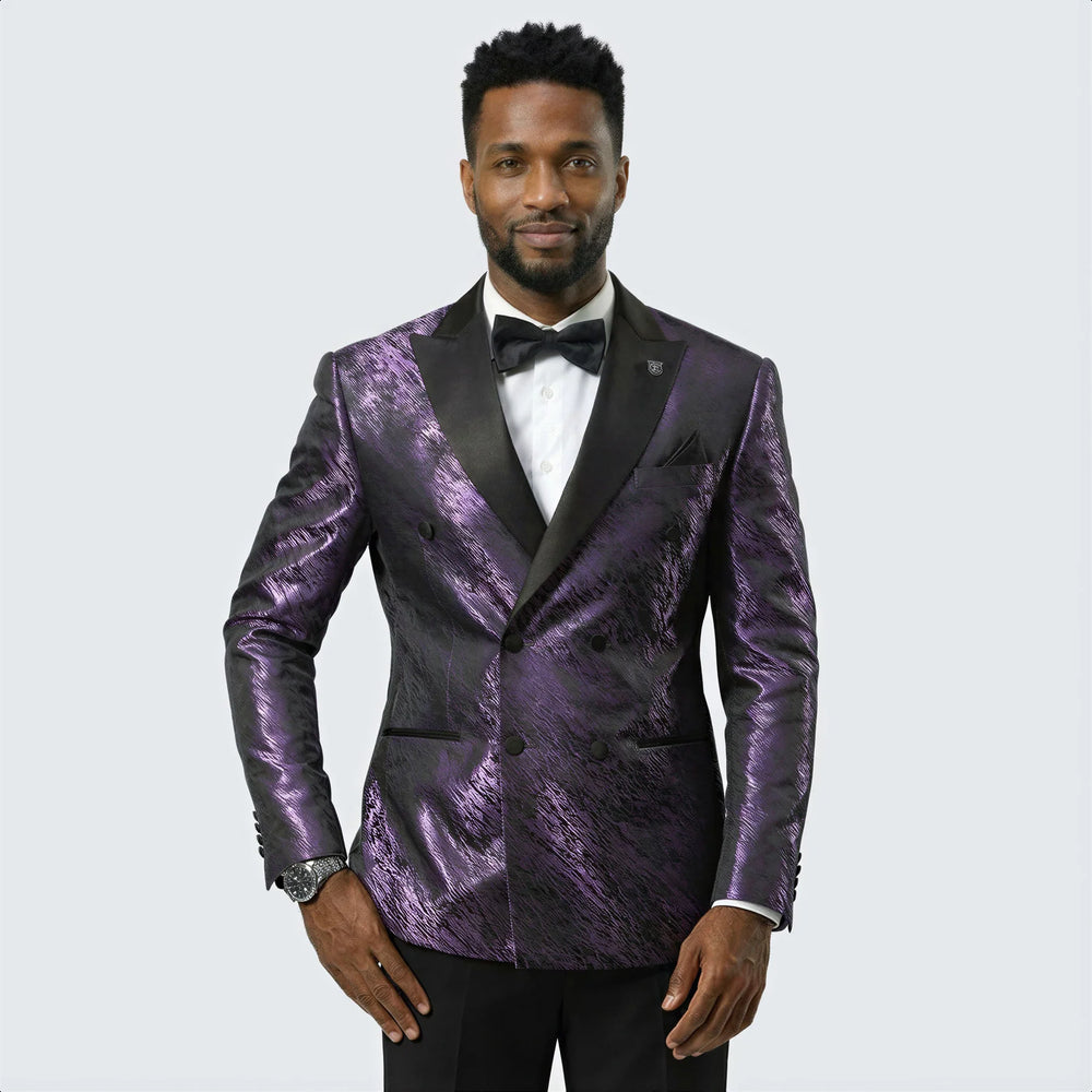 Purple Jacquard Tuxedo Jacket – Double-Breasted with Black Satin Lapel