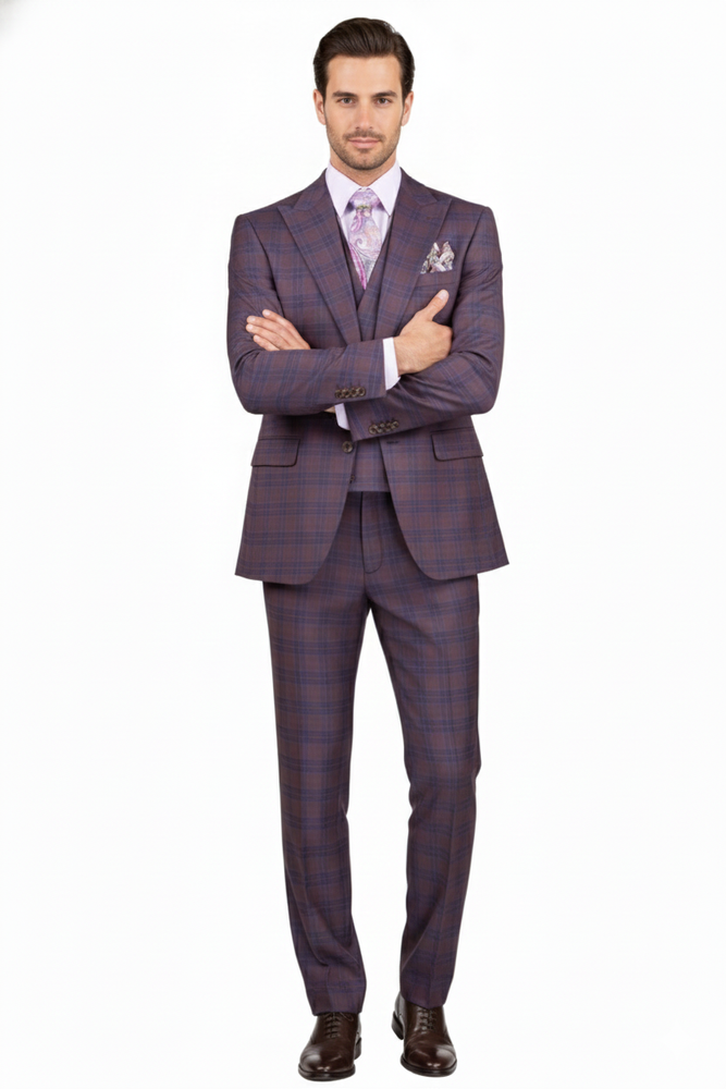 Purple Plaid Suit - Vested Suit - 3 Piece Suits - Peak Lapel Suits - Windowpane Suit - 2 Button
