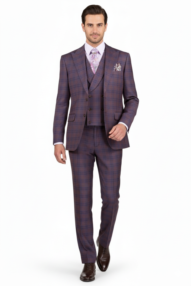 Purple Plaid Suit - Vested Suit - 3 Piece Suits - Peak Lapel Suits - Windowpane Suit - 2 Button
