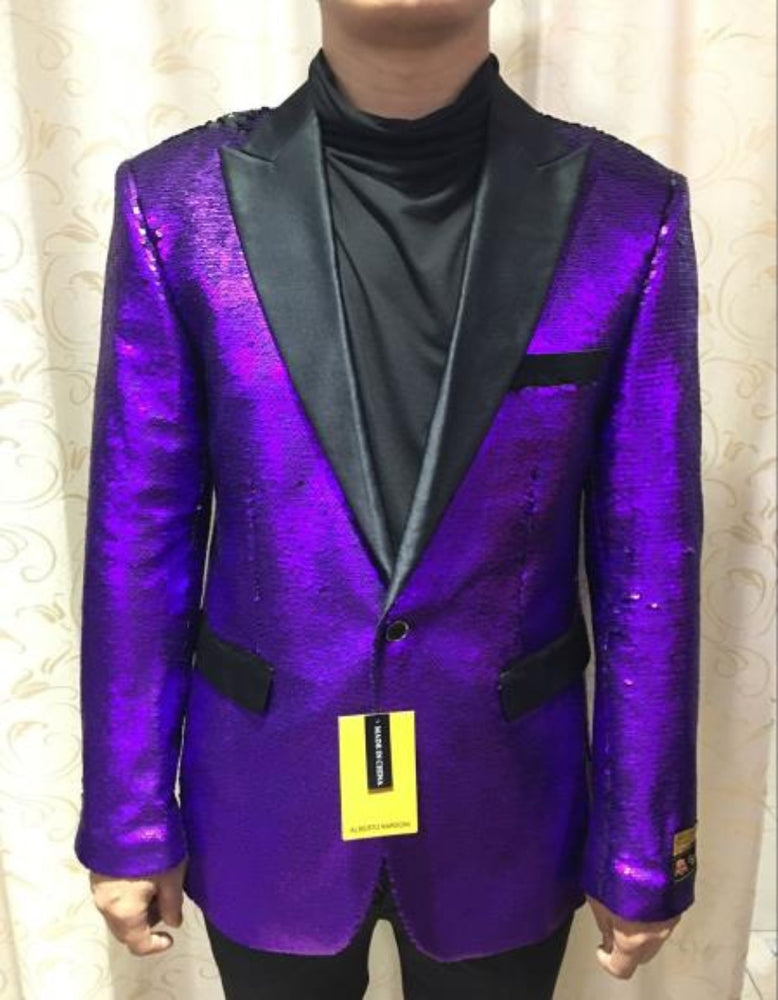 Mardi Gras Outfit - Mardi Gras One Button Blazer For Men in Color Purple in Sequin Fabric