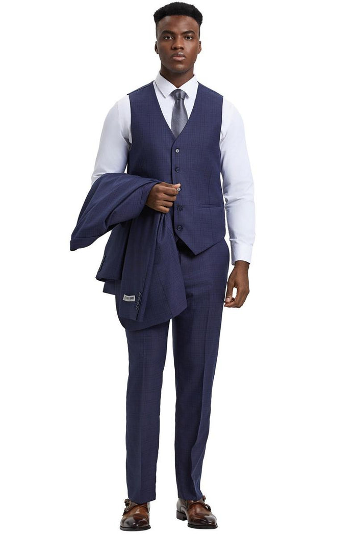 Men's Stacy Adams Vested One Button Wide Peak Lapel Windowpane Plaid Suit in Eggplant Purple