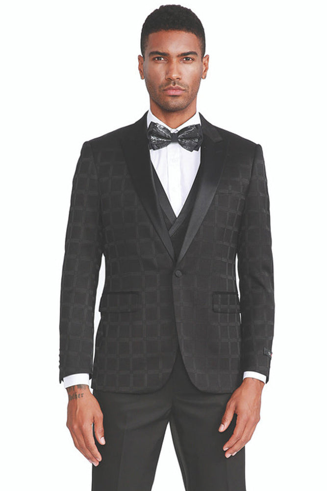 Men's Classic Black Plaid Tuxedo with Peak Lapel and Double Vest