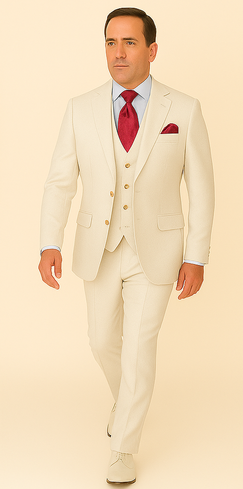 Rossi Man Slim Fit 3-Piece White Suit – Peak Lapel, Double-Breasted Vest & Flat Front Pants