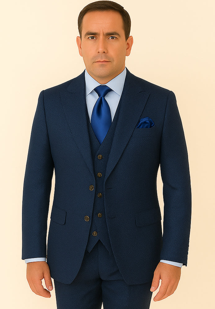 Rossi Man BOND RM1752 Slim Fit 3-Piece Navy Suit – 1-Button Peak Lapel, Double-Breasted Vest & Flat Front Pants
