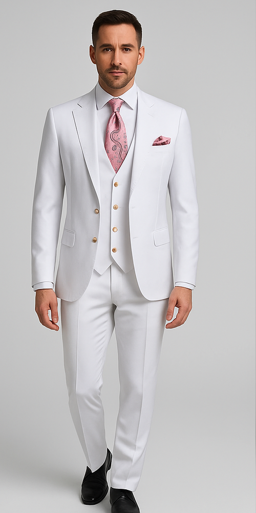 Rossi Man MAX RM1374 Slim Fit 3-Piece Suit – Elegant Solid White Formalwear for Men