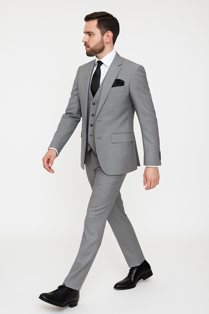 Rossi Man MAX RM1389 Slim Fit 3-Piece Suit – Elegant Solid Grey Formalwear for Men