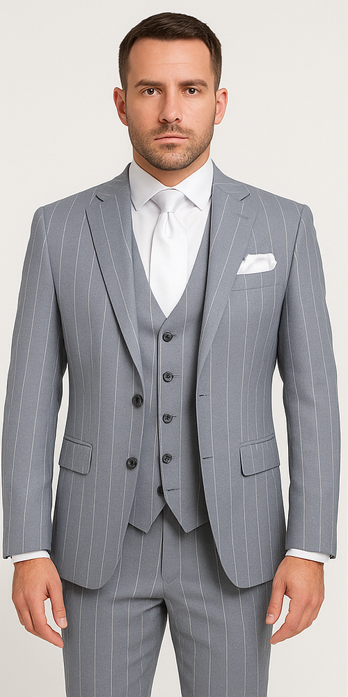 Rossi Man MAX RM1726 Slim Fit 3-Piece Suit – Elegant Grey Pinstripe Formal Suit for Men