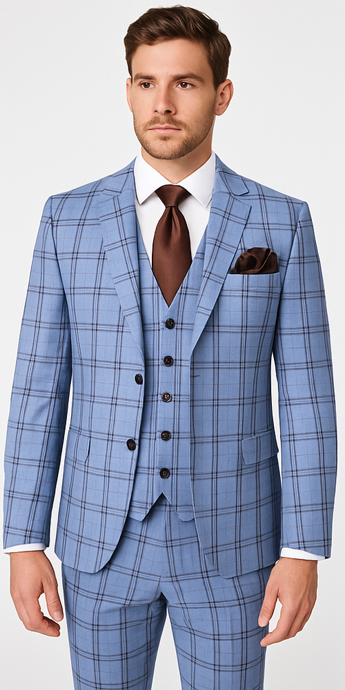 Rossi Man MAX RM1822 Slim Fit 3-Piece Suit – Premium Light Blue & Brown Plaid Formal Suit for Men