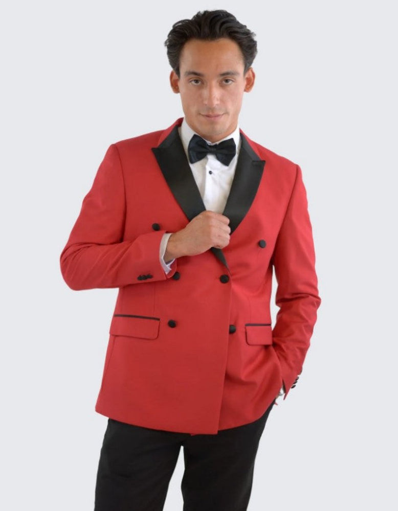 Red Double Breasted One Button Slim Fit Tuxedo Black Peak Lapel - Wedding - Prom 2025