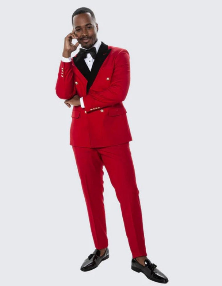 Red Double Breasted Tuxedo with Velvet Peak Lapel - Wedding - Prom 2025
