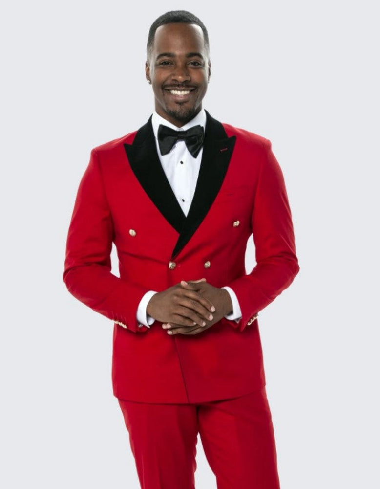 Red Double Breasted Tuxedo with Velvet Peak Lapel - Wedding - Prom 2025