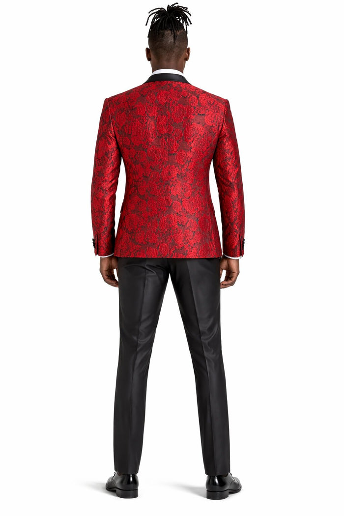 Men's One Button Slim Fit Shiny Paisely Floral Vested  Prom 2026 Tuxedo In Red