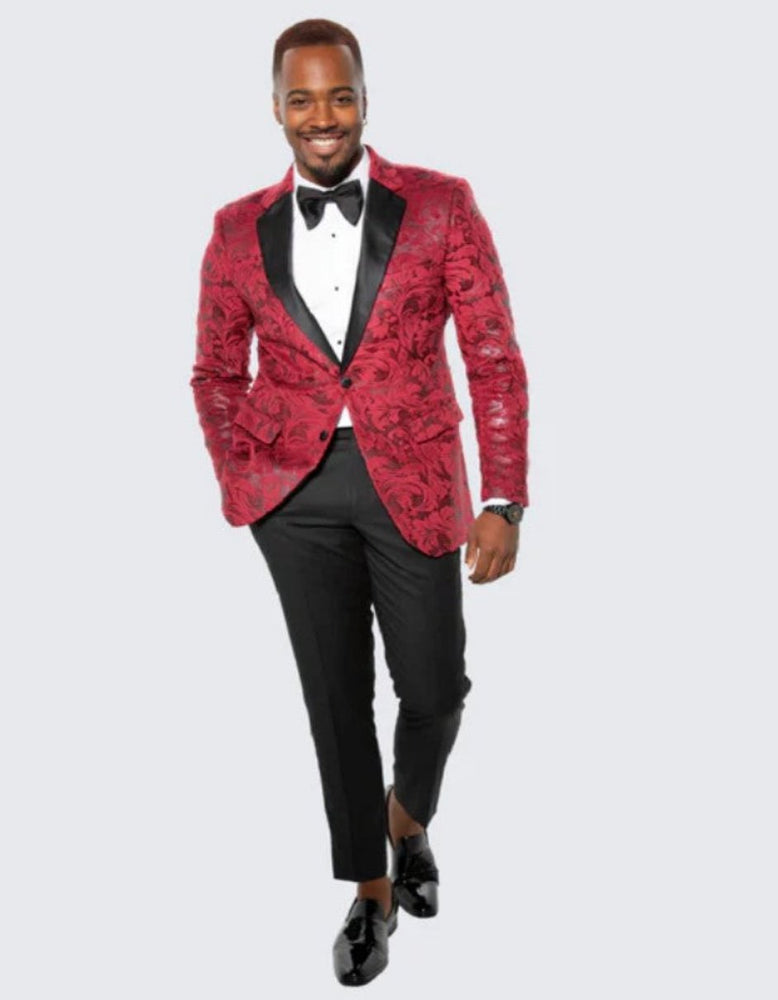 Red Paisley Notch Label Hybrid Fit Tuxedo Jacket - Wedding - Prom 2025