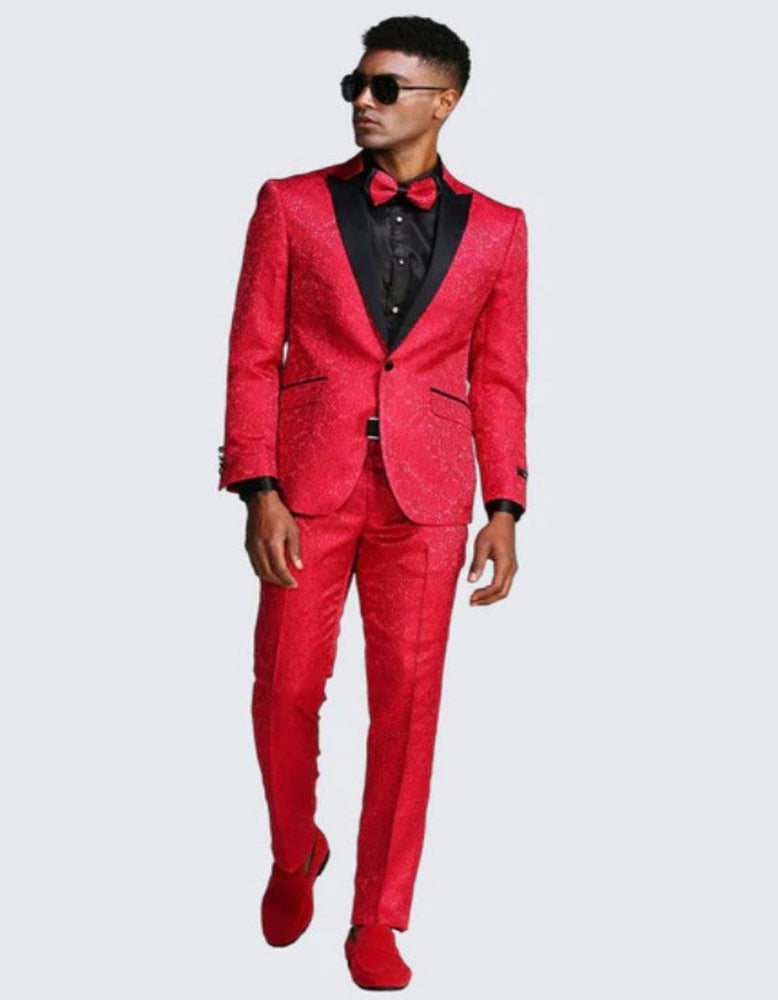 Red Paisley Slim Fit Tuxedo Three Piece Set - Wedding - Prom 2026