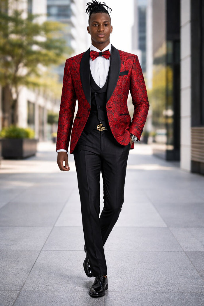 Men's One Button Slim Fit Shiny Paisely Floral Vested  Prom 2026 Tuxedo In Red