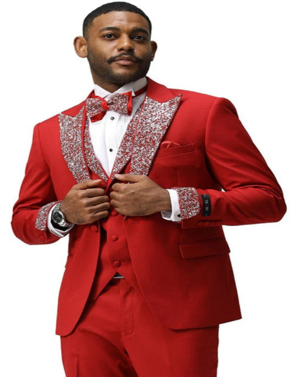 Red Prom Tuxedo - Perfect Wedding Suit Vested Rhinestone sequin Lapell ...