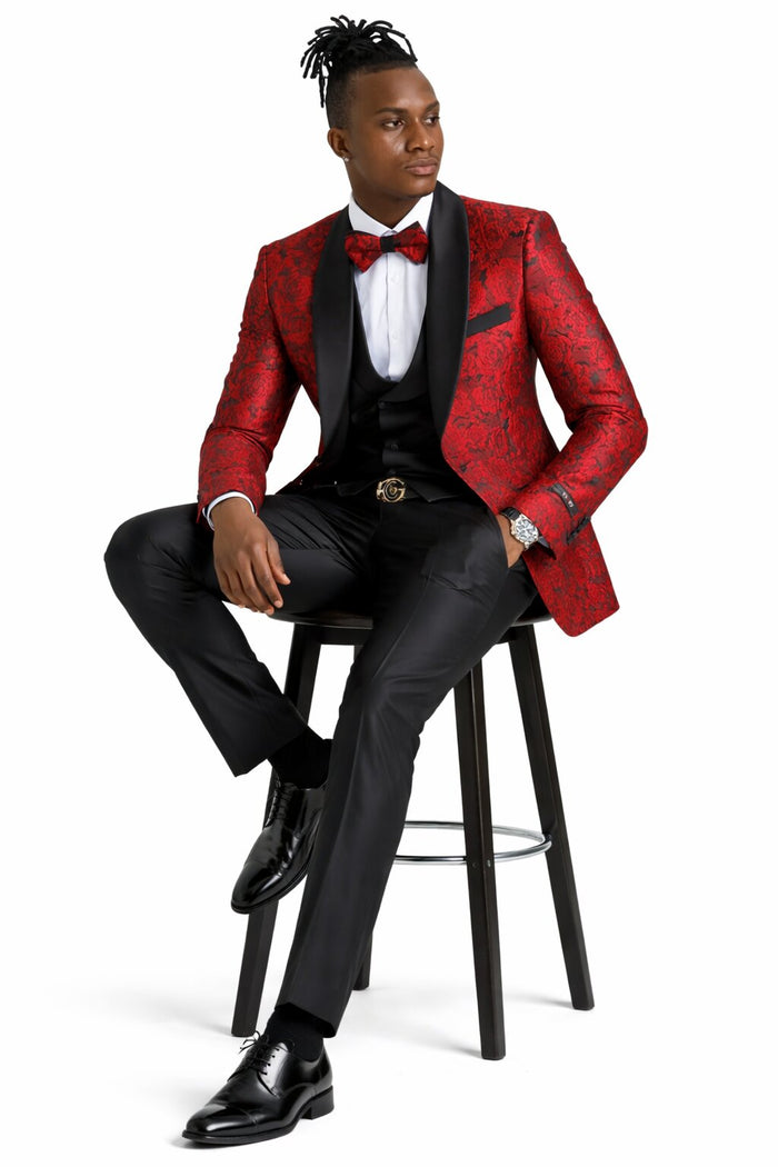 Men's One Button Slim Fit Shiny Paisely Floral Vested  Prom 2026 Tuxedo In Red