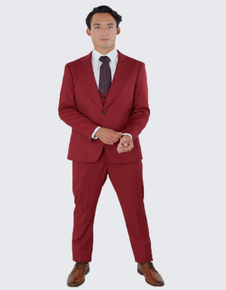 Red Slim Fit Three Piece Suit with Large Peak Lapel One Button - Wedding - Prom 2025