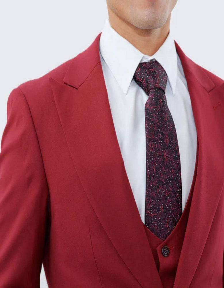 Red Slim Fit Three Piece Suit with Large Peak Lapel One Button - Wedding - Prom 2025