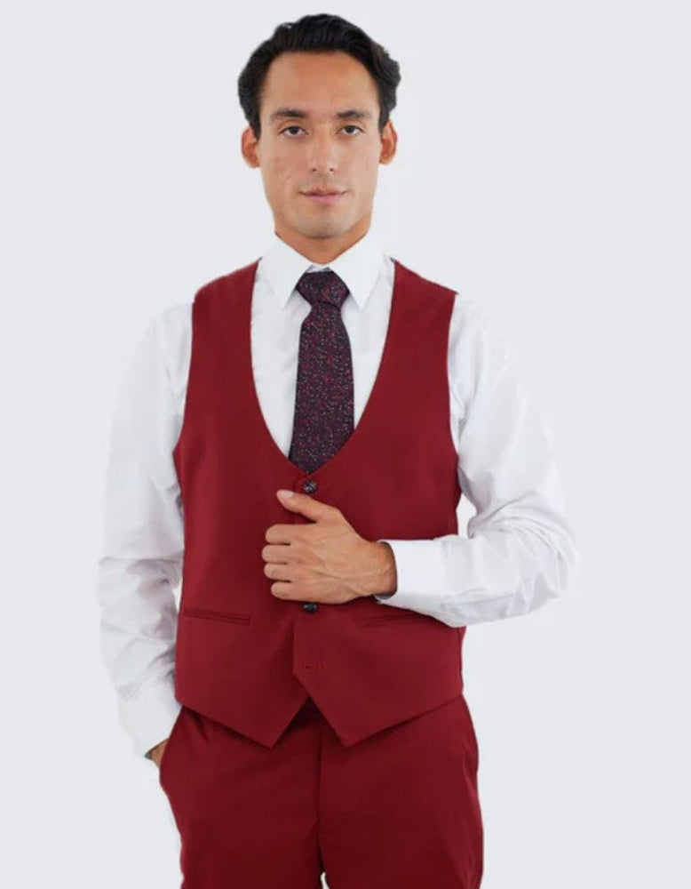 Red Slim Fit Three Piece Suit with Large Peak Lapel One Button - Wedding - Prom 2025