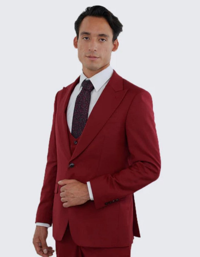 Red Slim Fit Three Piece Suit with Large Peak Lapel One Button - Wedding - Prom 2025