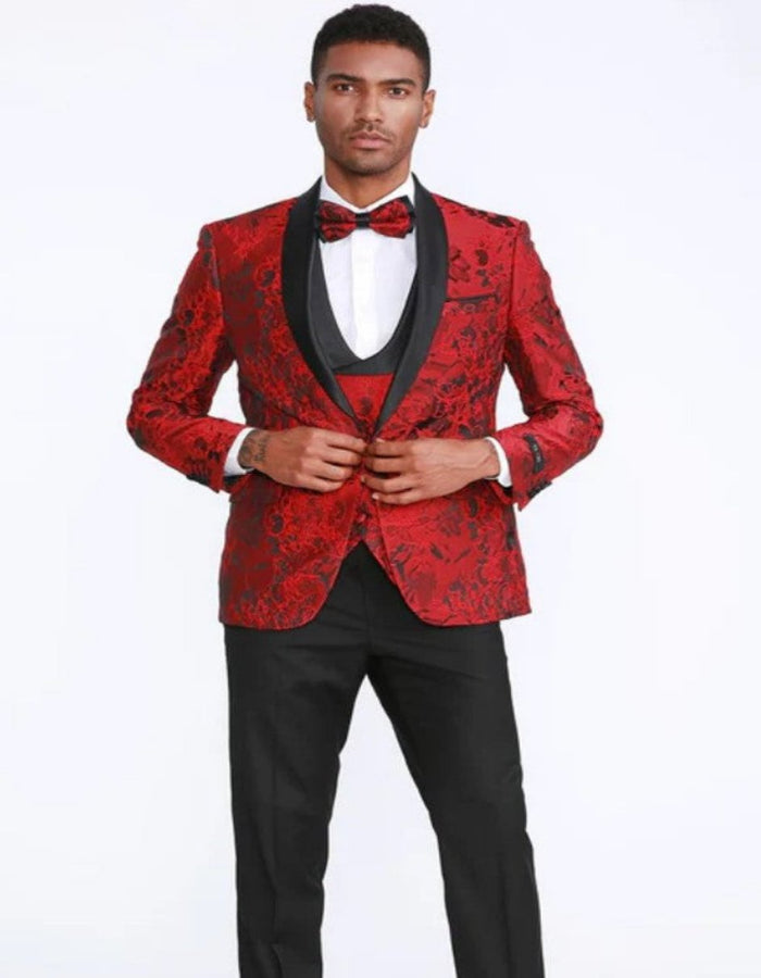 Red Tuxedo with Floral Pattern Shawl Label Four Piece Set - Wedding - Prom 2026