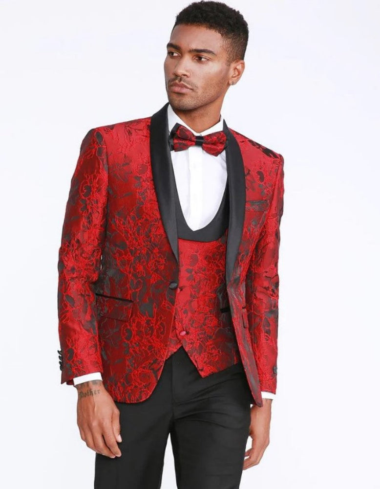 Red Tuxedo with Floral Pattern Shawl Label Four Piece Set - Wedding - Prom 2026