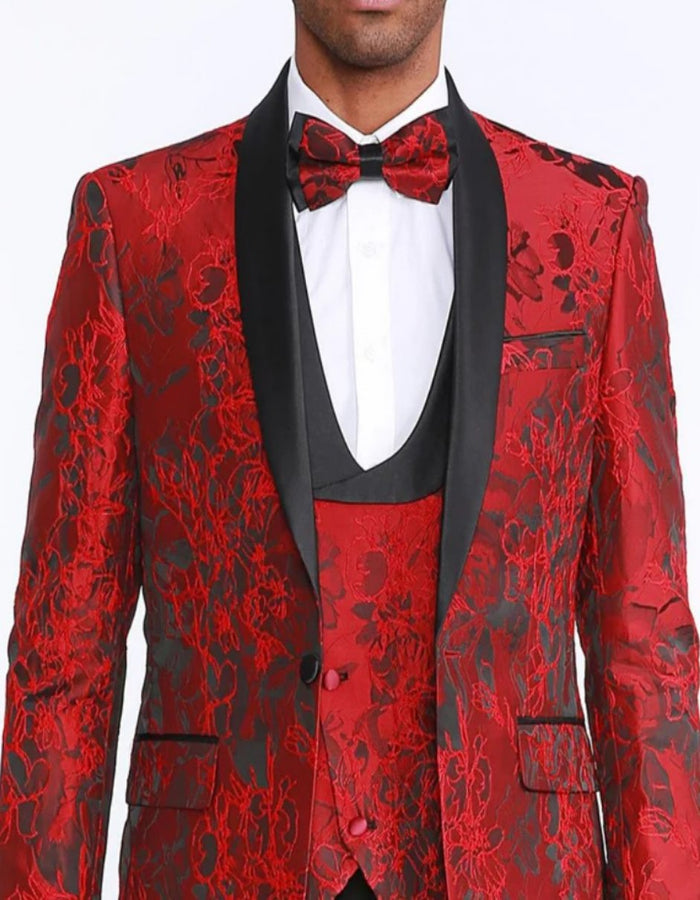 Red Tuxedo with Floral Pattern Shawl Label Four Piece Set - Wedding - Prom 2026
