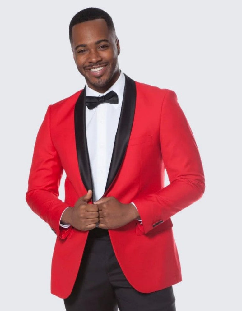 Red Tuxedo Jacket with Black Center Vent Satin Shawl Lapel Slim Fit - Wedding - Prom 2025
