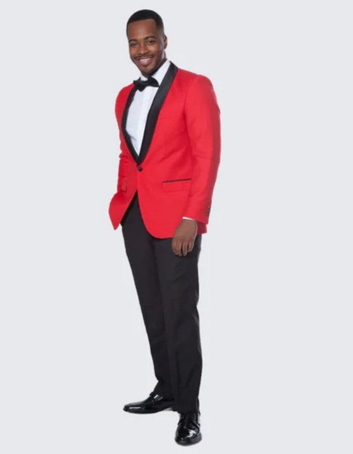 Red Tuxedo Jacket with Black Center Vent Satin Shawl Lapel Slim Fit - Wedding - Prom 2026