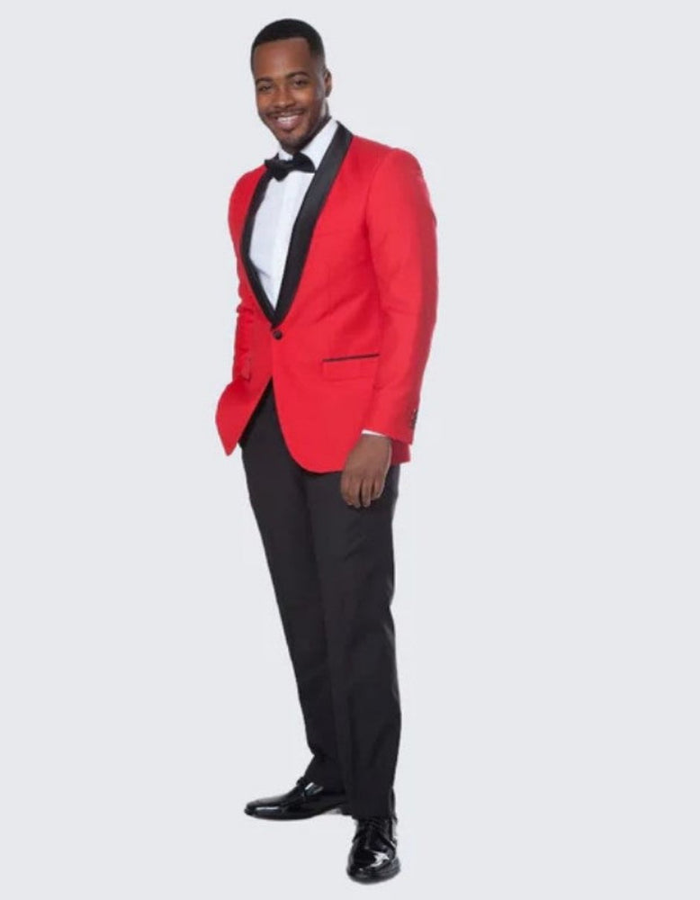 Red Tuxedo Jacket with Black Center Vent Satin Shawl Lapel Slim Fit - Wedding - Prom 2025