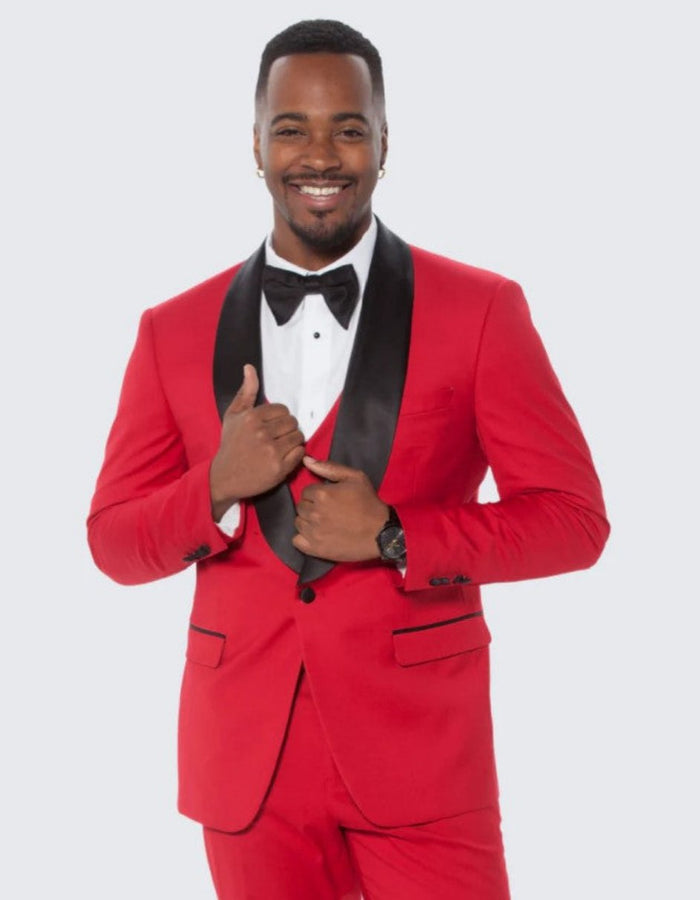 Red Tuxedo Three Piece Set Slim Fit with Large Shawl Lapel - Wedding - Prom 2026