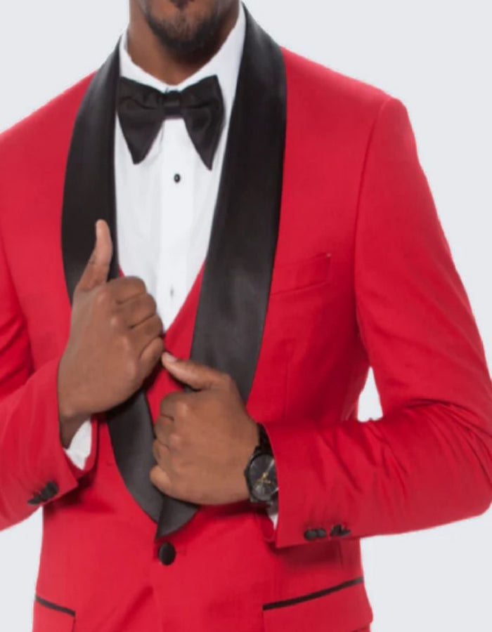 Red Tuxedo Three Piece Set Slim Fit with Large Shawl Lapel - Wedding - Prom 2026