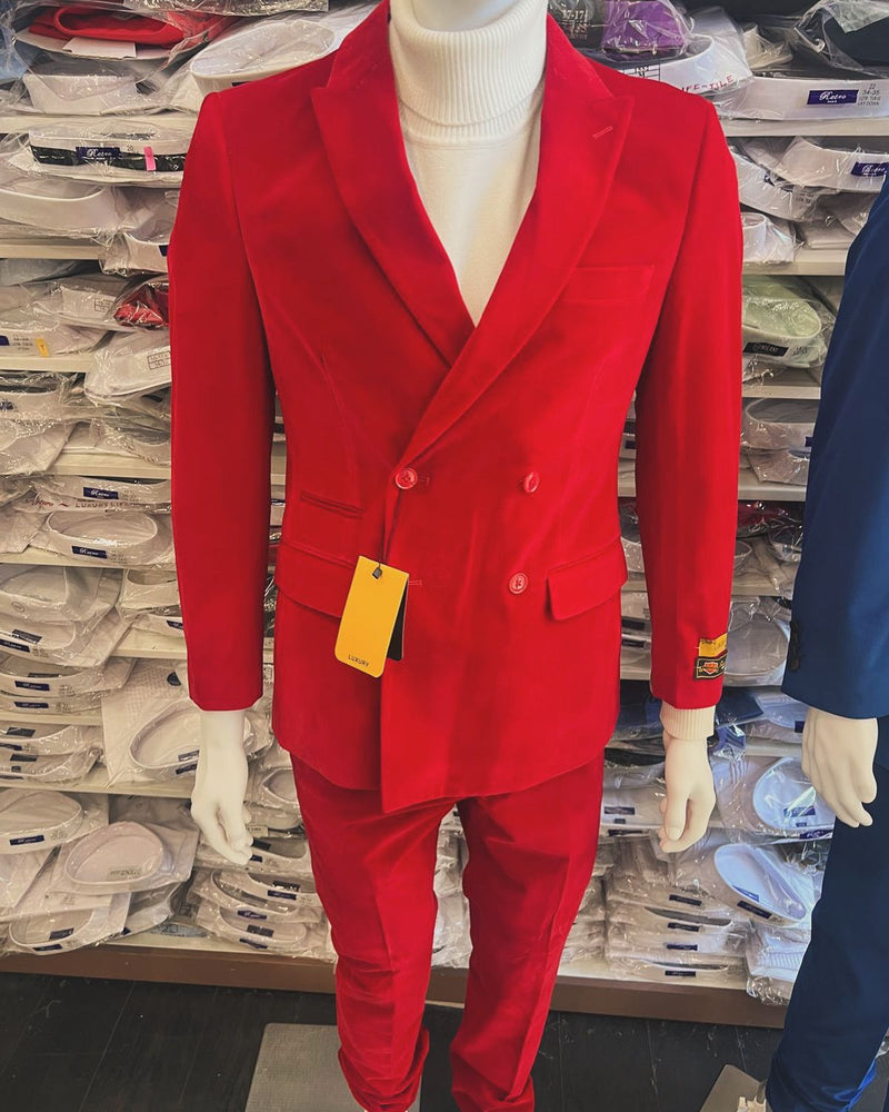 Mens Slim Fit Red Velvet Double Breasted Suit with Peak Lapel – Formal Tuxedo Style
