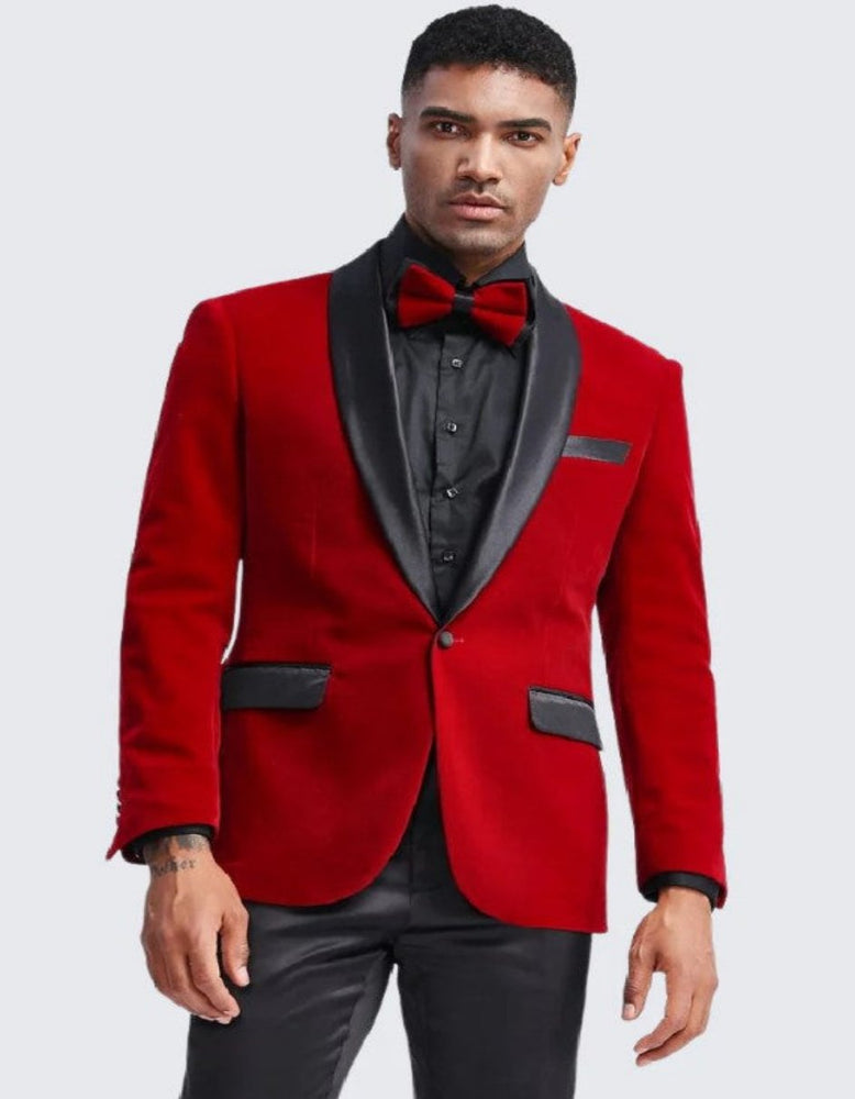 Red Velvet Tuxedo Jacket Slim Fit with Shawl Lapel - Wedding - Prom 2025